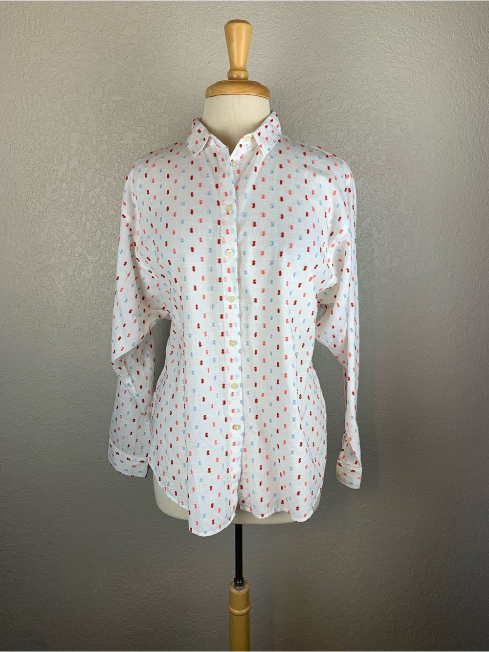 LOFT White Button-Down Shirt with Red Dot Print